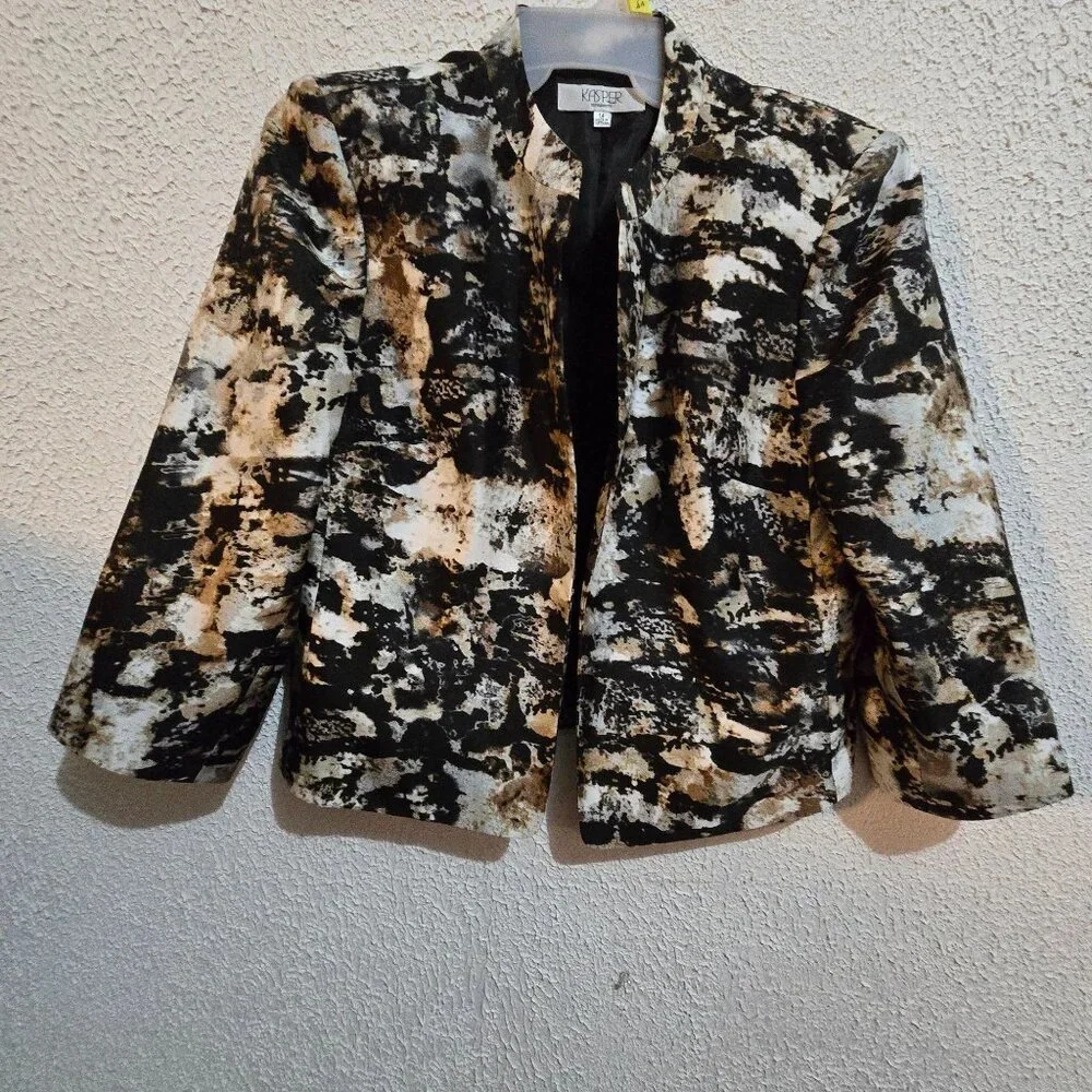 Kasper Womens Abstract Print Open‎ Front Blazer Jacket Size 14 Multicolor grunge